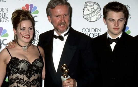 Il regista James Cameron con Kate e Leonardo