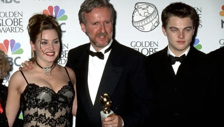 Il regista James Cameron con Kate e Leonardo